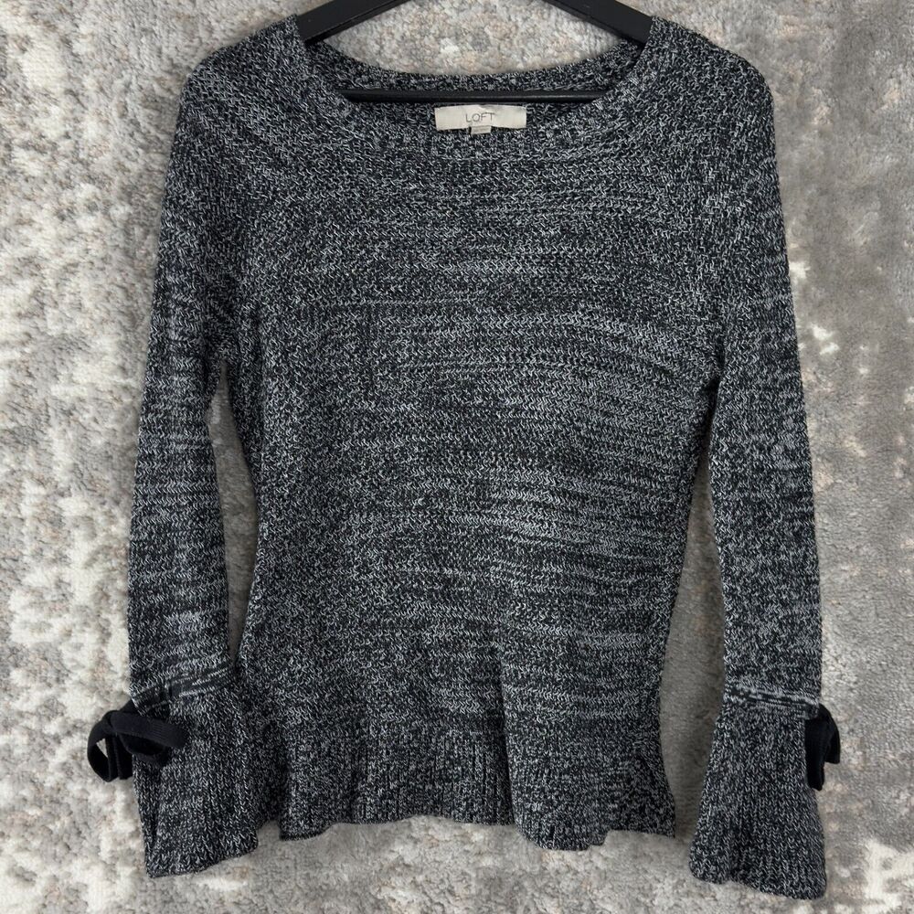 LOFT Size XS Knitted Bell Sleeve‎ Boat Neck Sweater Black White Tie Long Sleeve